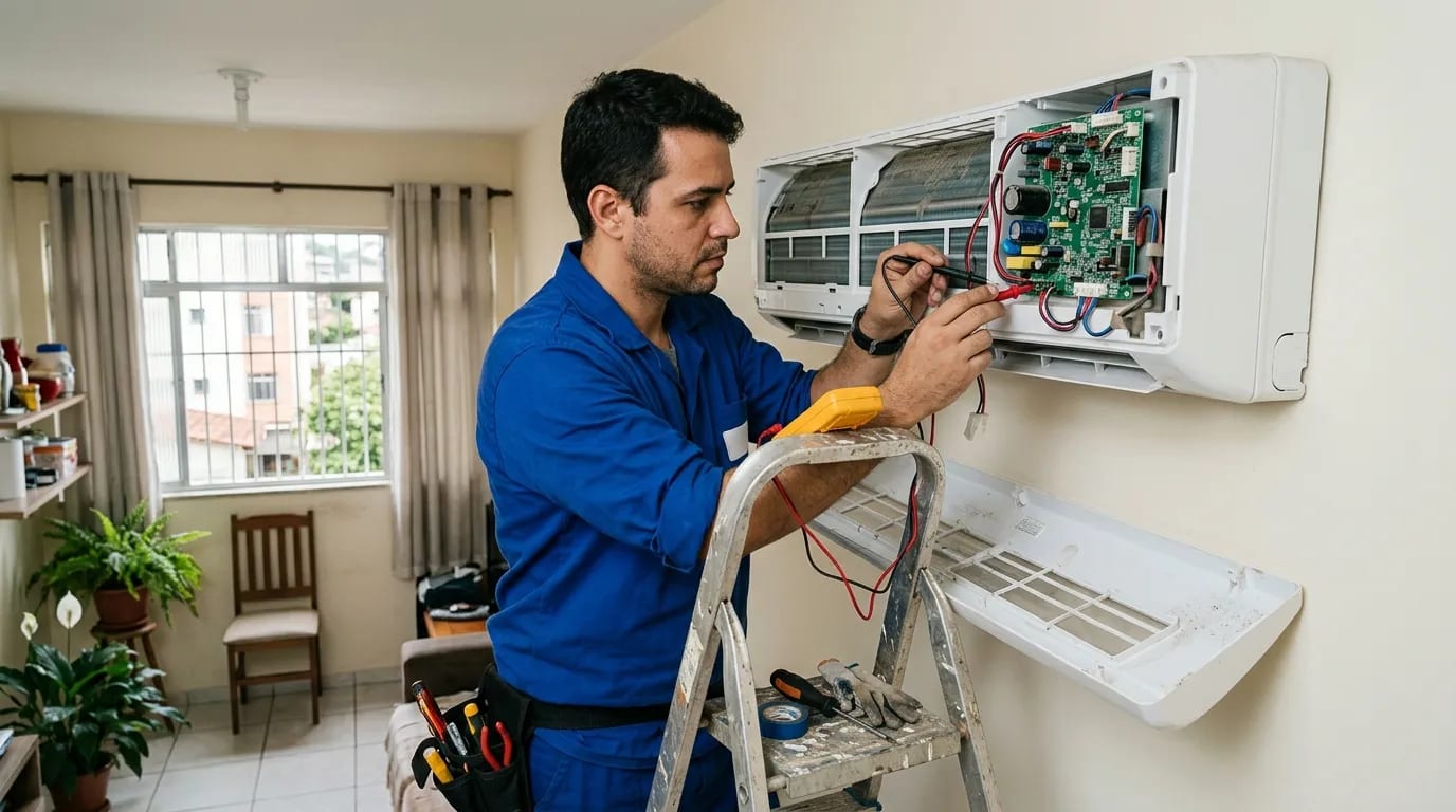 Eletricista ligando a placa do ar-condicionado split em Maringá‑PR